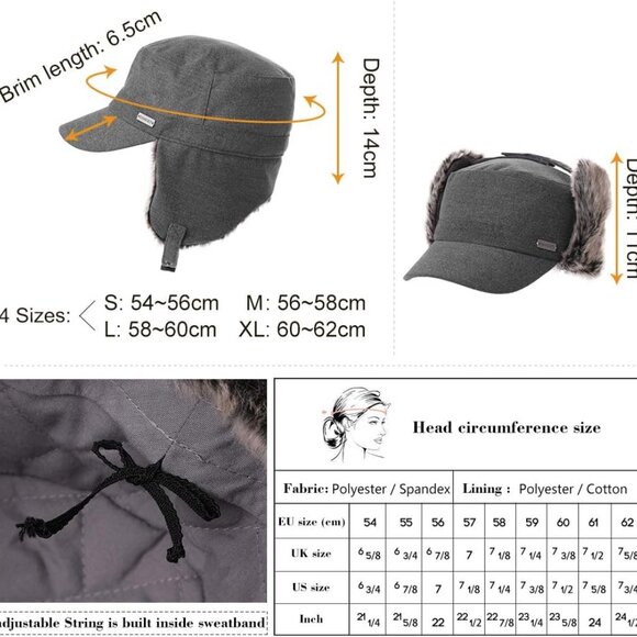 Unisex Winter Earflap Trapper Hunting Ski Hat Baseball Cap 54-62CM - Picture 4 of 7